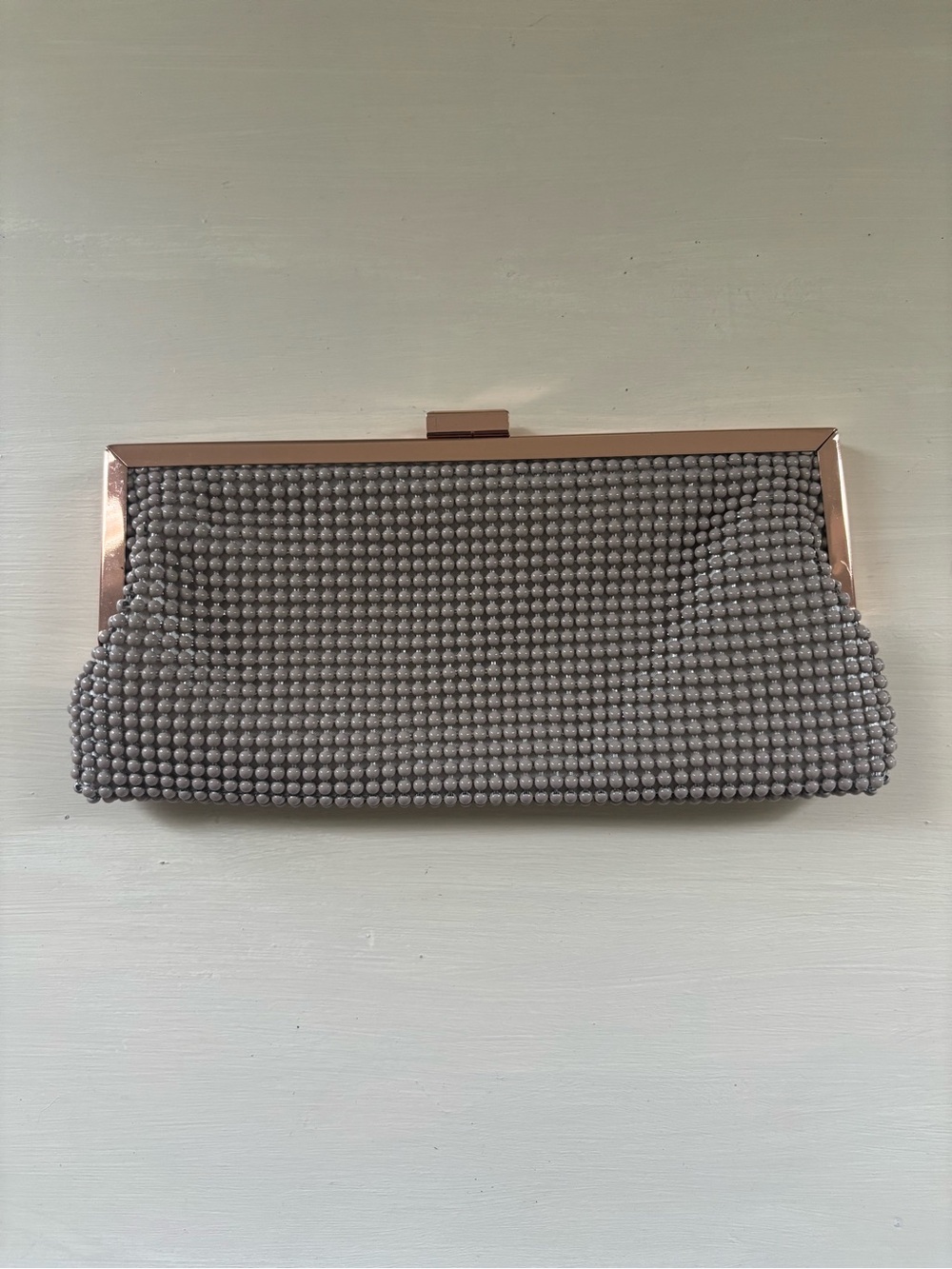 Jessica McClintock Beaded Clutch Taupe Grey With Rose Gold Trim & Chain